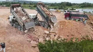 Part.13| Incredible Best Stone Filling Up Project By Komatsu Dozers D65E & D61EX Pushing Stone