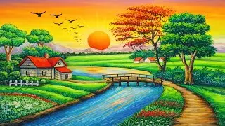 Relaxing Sunrise Countryside Landscape Drawing | Oil Pastels for Beginners | Step by Step