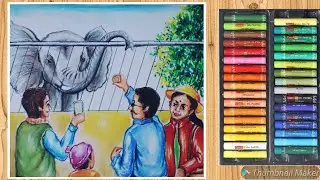 How to draw a scenery of a zoo with oil pastel/ Drawing for kids