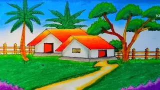 How to Draw a Beautiful Village House Scenery Drawing | Simple Rural Life Art Step by Step