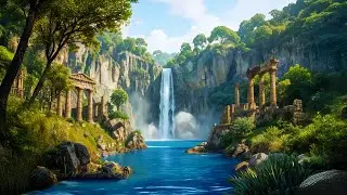 10 HOURS | Ethereal Waterfall White Noise: Gentle Turquoise Cascade by Ancient Jungle Ruins