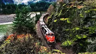 CN TRAINS THRU SHARP CURVES & TUNNELS IN THE MIGHTY FRASER CANYON!