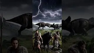 Epic Dinosaur Battle! T. rex vs Triceratops Observed by Warrior Couple 🦖⚡🐺
