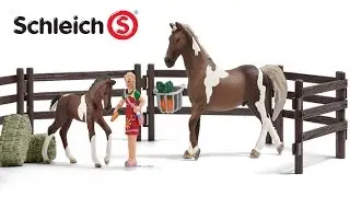 FEEDING TIME!! FARM LIFE Schleich World of Nature, Horses, Stable and Gated Pen Playset Lots of Toys