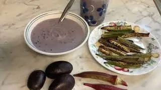 Purple potato soup and air fried red okra