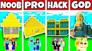 Minecraft: FAMILY GOLD HOUSE BUILD CHALLENGE - NOOB vs PRO vs HACKER vs GOD in Minecraft