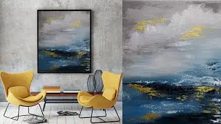 Simple style of Abstract painting, Arte brigade, sea abstract, blue, gold, sunset, acrylic painting