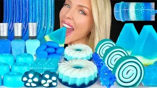 ASMR BLUE DESSERT MUKBANG, CAKE PUSH POP, BLUE RASPBERRY JELLY SLICE, LAYERED JELLO, MINI DONUT 먹방