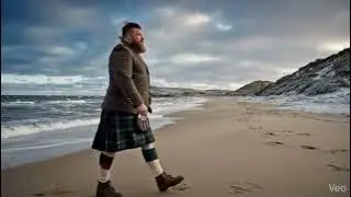 Scotsman Walking Wearing Kilt On Machrihanish Bay On Winter History Visit To Kintyre Scotland