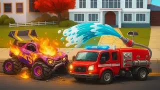 Monster truck on fire - Fire truck puts out the fire 🚒!! Save Monster Truck | Police Vehicles