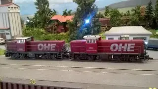 OHE 150004 und 150002 in Doppeltraktion mit langem Getreidezug auf der Heide-und Hafenbahn
