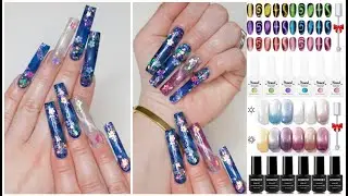 Homost Color Change Cat Eye Gel Polish Review I Encapsulated Blue Glitter Daisy Spring Acrylic Nails