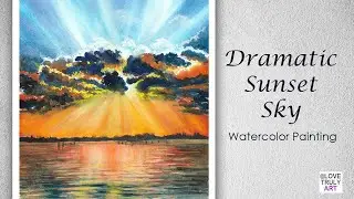 Dramatic Sunset Sky Beach - Watercolor & Gouache Painting