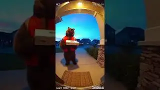 Realistic doorbell security camera POV at the front entrance of a quiet suburban house.