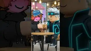 Roblox boy and Roblox bot are drinking boba tea on cafe