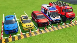 TRANSPORTING EMERGENCY DEPARTMENT CARS, AMBULANCE, POLICE CARS, FIRE TRUCK ! WITH TRUCKS! - FS 22