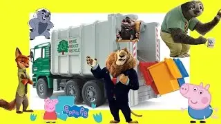 Zootopia Peppa Pig Lion Guard Bunga Drives a HUGE GARBAGE TRUCK