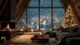 Quiet Winter Balcony Snowfall With Piano Music And Warm Fireplace Serenity