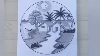 How to draw sunset scenery with pencil | Nature Scenery drawing easy