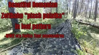 The Romanian plash palatka Zeltbahn in leaf pattern + Swiss tent accessoires  in Splittertarn (1942)