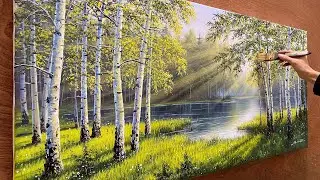 How to draw a birch forest by the lake in the morning / Acrylic painting / A Lu Art