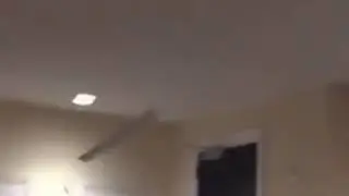 Guy throws an apple at a ceiling fan and the fan breaks.
