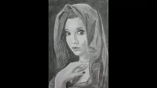Graphite drawing of a beautiful girl portrait with cloth covering over her head