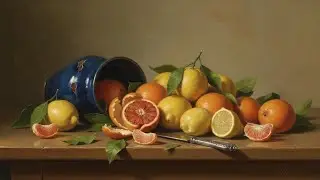 4K TV Art - Realistic Citrus Fruits Still Life with Blue Urn - Zesty Classic