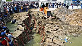 Amazing Landfilling Project Bulldozer Komatsu pushing soil into flood areas with dump trucks.
