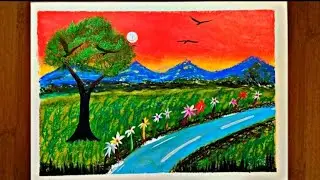 Dreamy Sunset Landscape 🌅 | Easy Oil Pastel Scenery for Beginners step by step