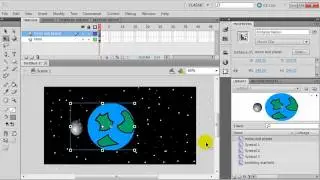 Flash Animation with Symbols: Planet with Orbiting Moon and Twinkling Stars