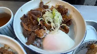 Kitsuneya Beef Organ Rice Bowl in Tsukiji Fish Market with Soft Boiled Raw Egg and Tofu Beef Side 