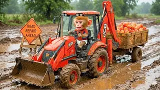 Bonzi Drives a JCB Tractor to Fix a Road After Heavy Rain 🚜🐒