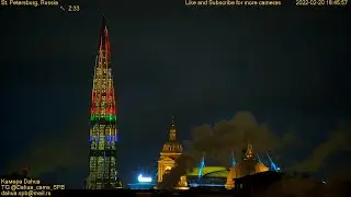 Olympic flame on a skyscraper Lakhta Center Олимпийский огонь и кольца на небоскребе Лахта Центр
