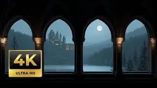 Dark Gothic Window ❄️ Winter Night Castle View | Snowfall Ambience for Sleep & Focus (5 Hours)