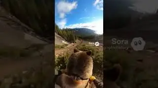 Fluffy bear jumping down the mountains