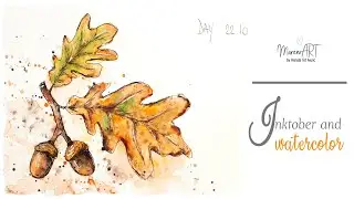 Ink and watercolor - Day 22 - oak leaves and nuts