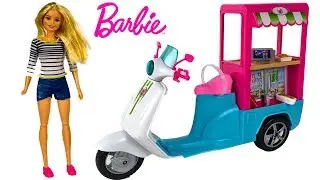 BARBIE BISTRO CART WITH SCOOTER CART DOLL SAFETY HELMET HAMBURGER HOT DOG AND DRINKS - UNBOXING