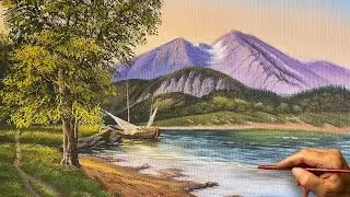 How to Draw Landscape Painting &ldquo;#82&rdquo; / Peaceful Lakeside Boat Scene / Acrylic Painting | LDL ART