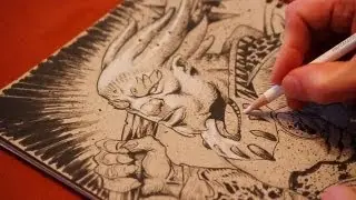 Fantasy art warrior brush & ink and white pencil timelapse drawing