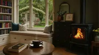 Cozy Library Reading Ambience | Fireplace Sounds Only | Peaceful View & Books