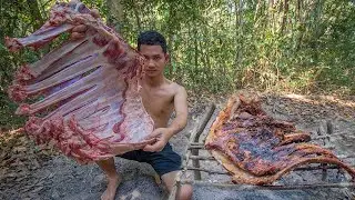 Roasted Tasty Pork Ribs in Forest | Primitive Cooking Eating Pork Ribs Delicious