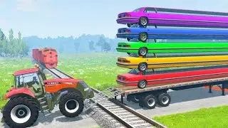 Five Limousine Long Cars Flatbed Trailer Tractor Truck Car Rescue - Cars vs Train and Rails - BeamNG