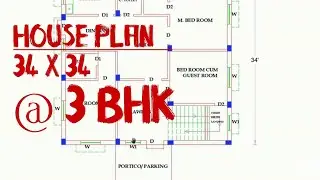 House Plan - 27 ( 34 Feet x 34 Feet   @ 3 BHK House ) with Pooja room, Staircase and parking.