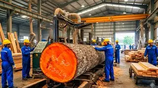 Inside the wood processing plant-Sawing long, beautiful oak logs