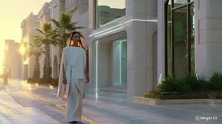A slow cinematic tracking shot through a futuristic Mediterranean city