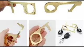 Germ free brass hygiene no touch door opener button pusher antimicrobial key tool brass door opener