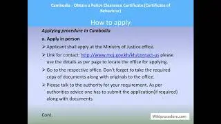 Cambodia - Police Clearance Certificate (certificate Of Behaviour, PCC) for Non Citizens (Foreigner)