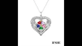 Angel Wings 5 Heart Birthstone Necklace - Engraved 5 Name Necklace - Sterling Silver