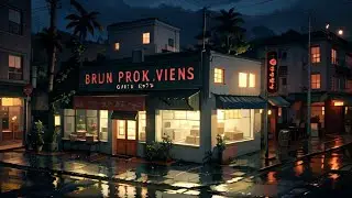 Rainy Night in a Quaint Coastal Town with Distant Fog Horn